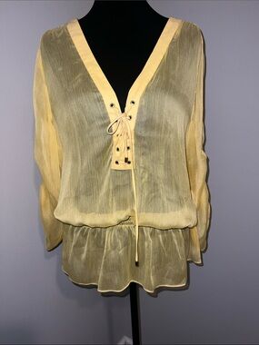Cache Sheer Pale Yellow Lace-Up Peplum Tunic